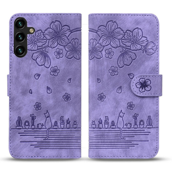 For Samsung Galaxy S24+ 5G Cartoon Sakura Cat Embossed Leather Phone Case(Purple)