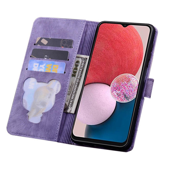 For Samsung Galaxy S24+ 5G Cartoon Sakura Cat Embossed Leather Phone Case(Purple)
