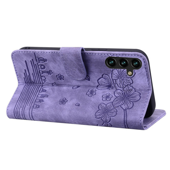 For Samsung Galaxy S24+ 5G Cartoon Sakura Cat Embossed Leather Phone Case(Purple)
