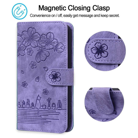 For Samsung Galaxy S24+ 5G Cartoon Sakura Cat Embossed Leather Phone Case(Purple)