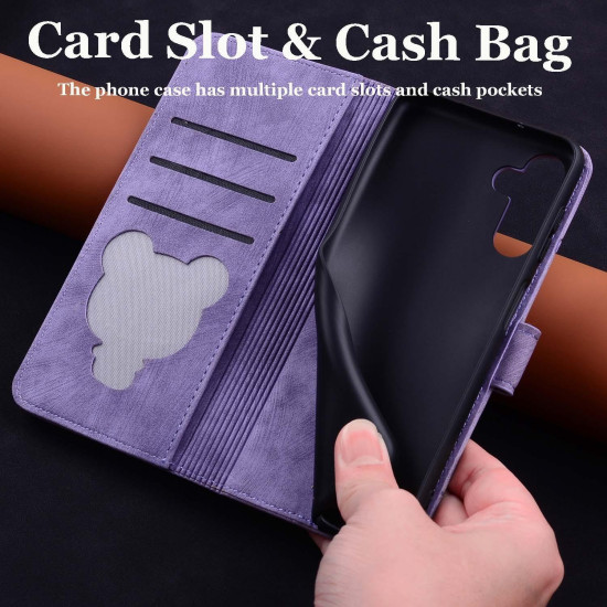For Samsung Galaxy S24+ 5G Cartoon Sakura Cat Embossed Leather Phone Case(Purple)