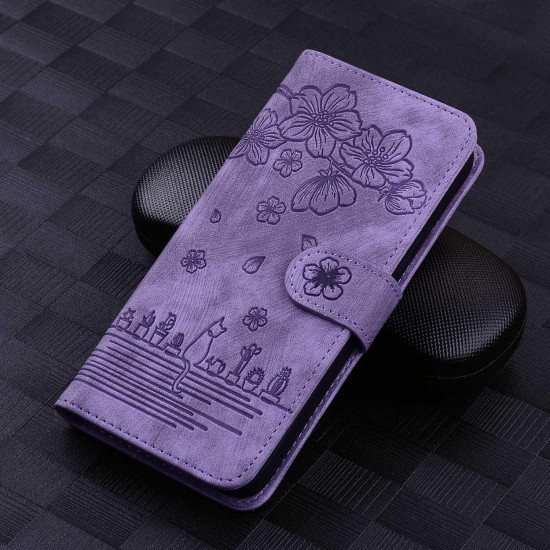 For Samsung Galaxy S24+ 5G Cartoon Sakura Cat Embossed Leather Phone Case(Purple)