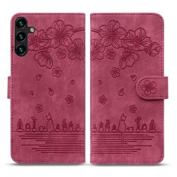 For Samsung Galaxy S24+ 5G Cartoon Sakura Cat Embossed Leather Phone Case(Wine Red)