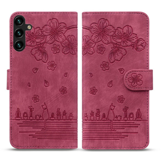 For Samsung Galaxy S24+ 5G Cartoon Sakura Cat Embossed Leather Phone Case(Wine Red)
