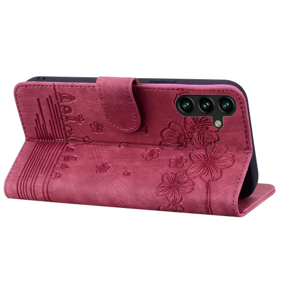 For Samsung Galaxy S24+ 5G Cartoon Sakura Cat Embossed Leather Phone Case(Wine Red)