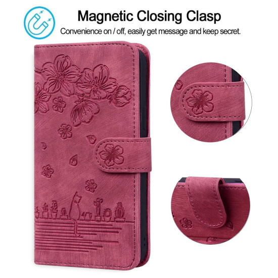 For Samsung Galaxy S24+ 5G Cartoon Sakura Cat Embossed Leather Phone Case(Wine Red)