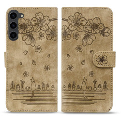 For Samsung Galaxy S23 5G Cartoon Sakura Cat Embossed Leather Phone Case(Brown)