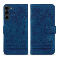 For Samsung Galaxy S23 5G Cartoon Sakura Cat Embossed Leather Phone Case(Royal Blue)