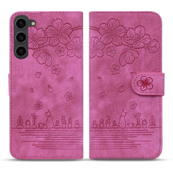 For Samsung Galaxy S23 5G Cartoon Sakura Cat Embossed Leather Phone Case(Rose Red)