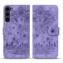 For Samsung Galaxy S23 5G Cartoon Sakura Cat Embossed Leather Phone Case(Purple)