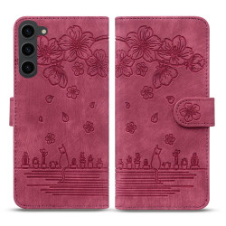For Samsung Galaxy S23 5G Cartoon Sakura Cat Embossed Leather Phone Case(Wine Red)