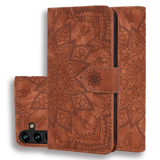 For Samsung Galaxy S25+ / S24+ 5G Mandala Embossed Dual-Fold Calf Leather Phone Case(Brown)