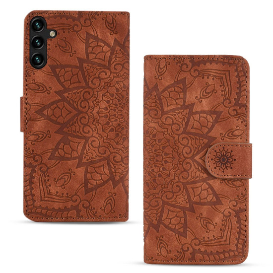 For Samsung Galaxy S25+ / S24+ 5G Mandala Embossed Dual-Fold Calf Leather Phone Case(Brown)