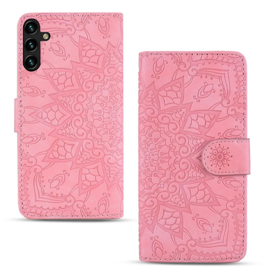 For Samsung Galaxy S25+ / S24+ 5G Mandala Embossed Dual-Fold Calf Leather Phone Case(Pink)