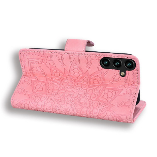 For Samsung Galaxy S25+ / S24+ 5G Mandala Embossed Dual-Fold Calf Leather Phone Case(Pink)