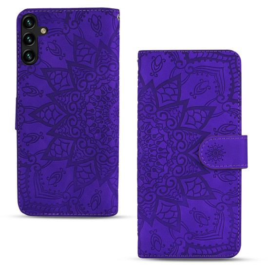 For Samsung Galaxy S25+ / S24+ 5G Mandala Embossed Dual-Fold Calf Leather Phone Case(Purple)
