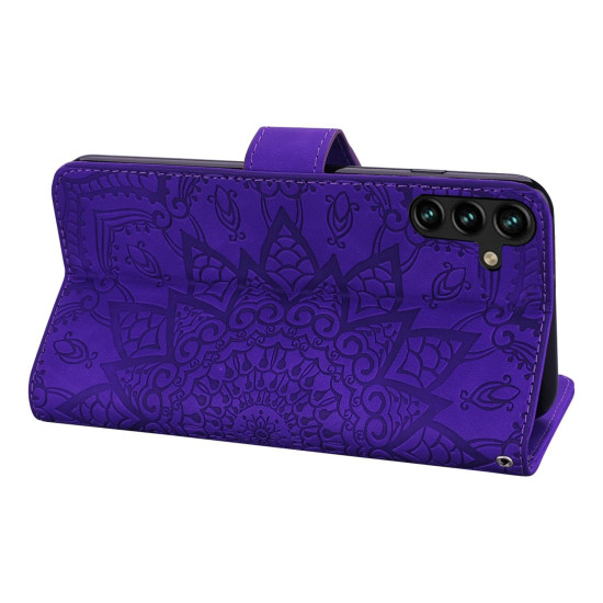 For Samsung Galaxy S25+ / S24+ 5G Mandala Embossed Dual-Fold Calf Leather Phone Case(Purple)