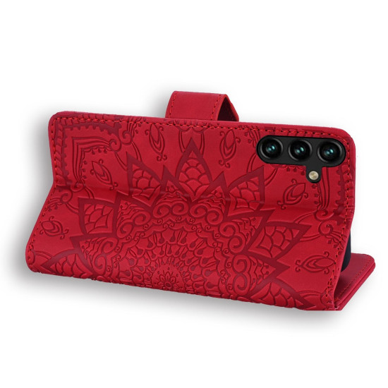For Samsung Galaxy S25+ / S24+ 5G Mandala Embossed Dual-Fold Calf Leather Phone Case(Red)