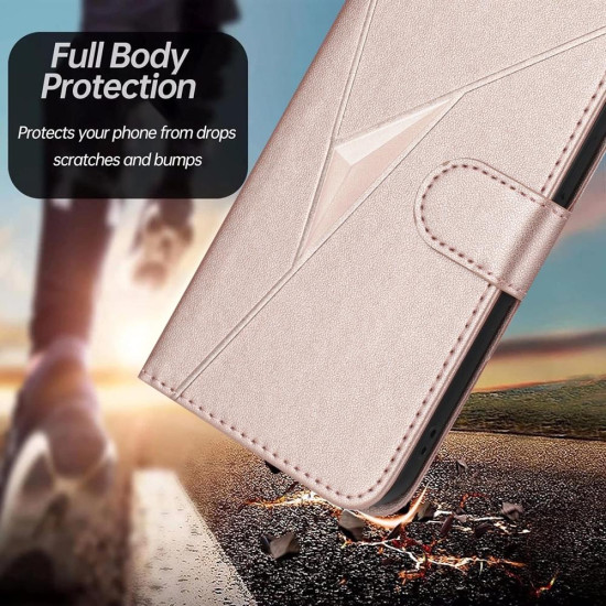For Samsung Galaxy S24+ 5G Triangle Pattern Buckle Clasp Leather Phone Case(Rose Gold)