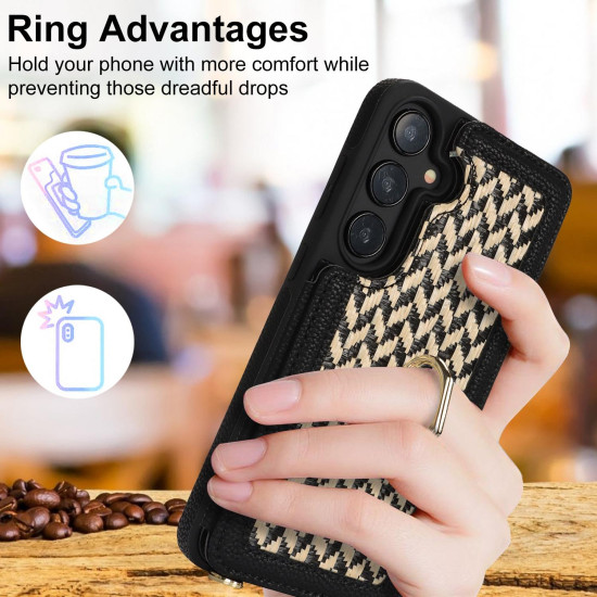 For Samsung Galaxy S24+ 5G Double Bckle Card Slot Full Coverage Phone Case with Cross-body Strap(Black)