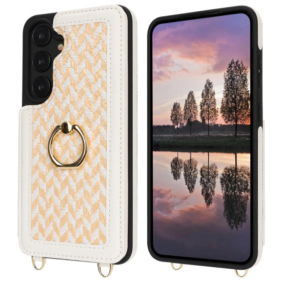 For Samsung Galaxy S24+ 5G Double Bckle Card Slot Full Coverage Phone Case with Cross-body Strap(White)