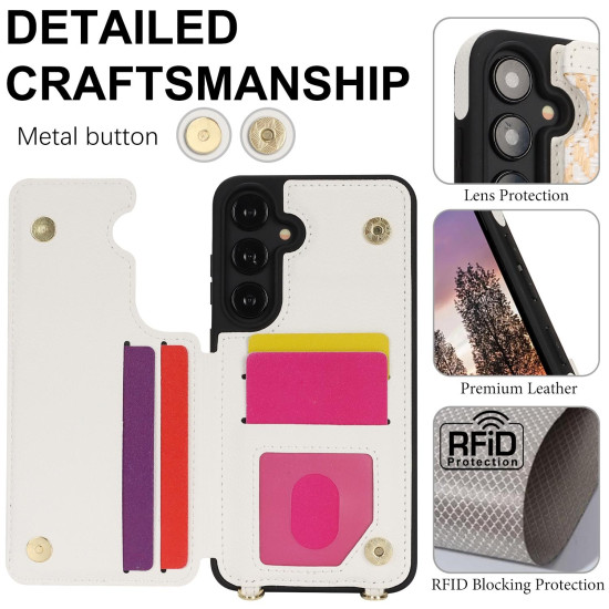 For Samsung Galaxy S24+ 5G Double Bckle Card Slot Full Coverage Phone Case with Cross-body Strap(White)
