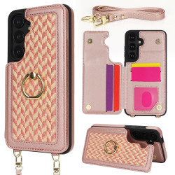 For Samsung Galaxy S24+ 5G Double Bckle Card Slot Full Coverage Phone Case with Cross-body Strap(Rose Gold)