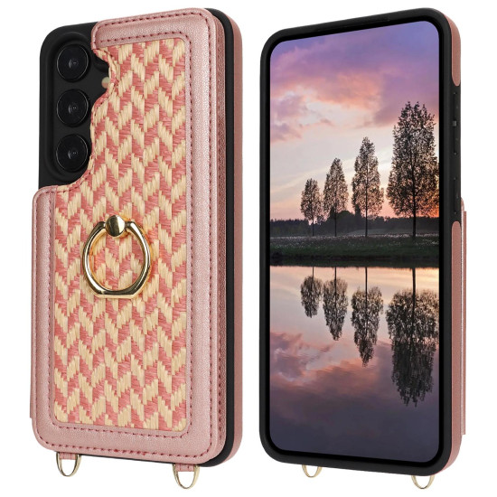 For Samsung Galaxy S24+ 5G Double Bckle Card Slot Full Coverage Phone Case with Cross-body Strap(Rose Gold)