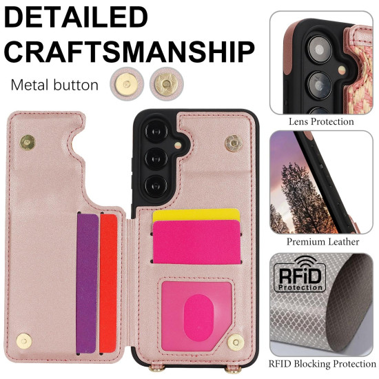 For Samsung Galaxy S24+ 5G Double Bckle Card Slot Full Coverage Phone Case with Cross-body Strap(Rose Gold)