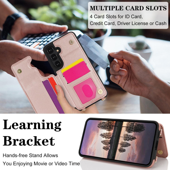 For Samsung Galaxy S24+ 5G Double Bckle Card Slot Full Coverage Phone Case with Cross-body Strap(Rose Gold)