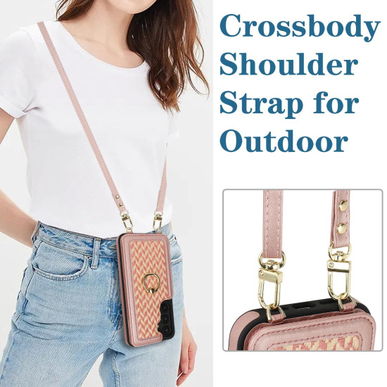 For Samsung Galaxy S24+ 5G Double Bckle Card Slot Full Coverage Phone Case with Cross-body Strap(Rose Gold)