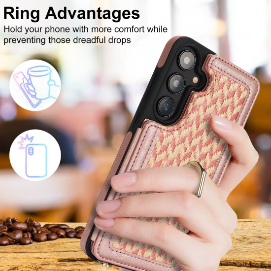 For Samsung Galaxy S24+ 5G Double Bckle Card Slot Full Coverage Phone Case with Cross-body Strap(Rose Gold)
