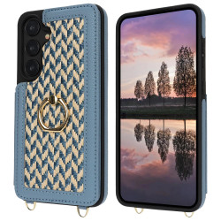 For Samsung Galaxy S24+ 5G Double Bckle Card Slot Full Coverage Phone Case with Cross-body Strap(Blue)
