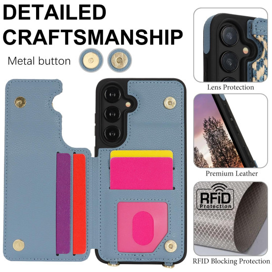 For Samsung Galaxy S24+ 5G Double Bckle Card Slot Full Coverage Phone Case with Cross-body Strap(Blue)