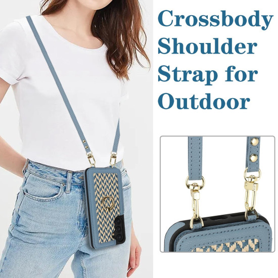 For Samsung Galaxy S24+ 5G Double Bckle Card Slot Full Coverage Phone Case with Cross-body Strap(Blue)