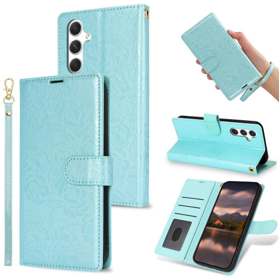 For Samsung Galaxy S24+ 5G Peony Flowers Imprint Leather Phone Case(Sky Blue)