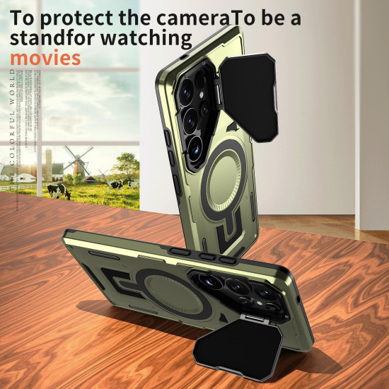 For Samsung Galaxy S24+ 5G Shield Frame Holder MagSafe Phone Case(Olive Green)