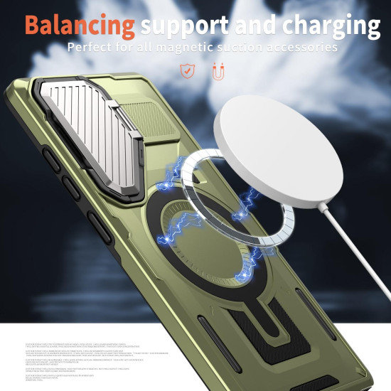 For Samsung Galaxy S24+ 5G Shield Frame Holder MagSafe Phone Case(Olive Green)