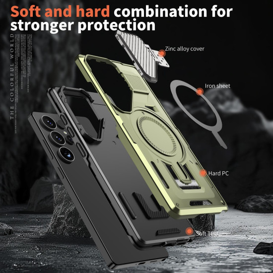 For Samsung Galaxy S24+ 5G Shield Frame Holder MagSafe Phone Case(Olive Green)