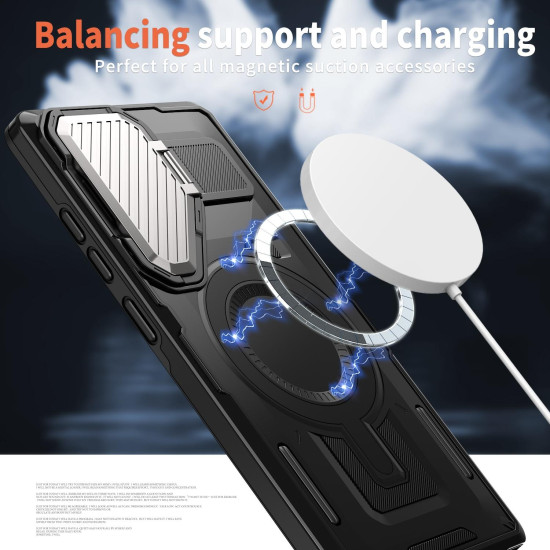 For Samsung Galaxy S24+ 5G Shield Frame Holder MagSafe Phone Case(Black)