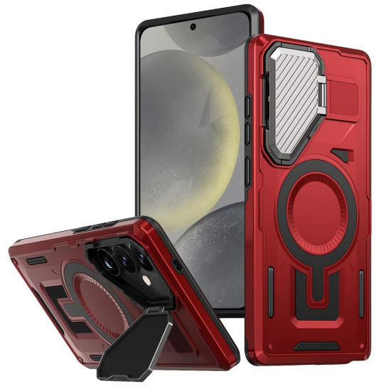 For Samsung Galaxy S24+ 5G Shield Frame Holder MagSafe Phone Case(Red)