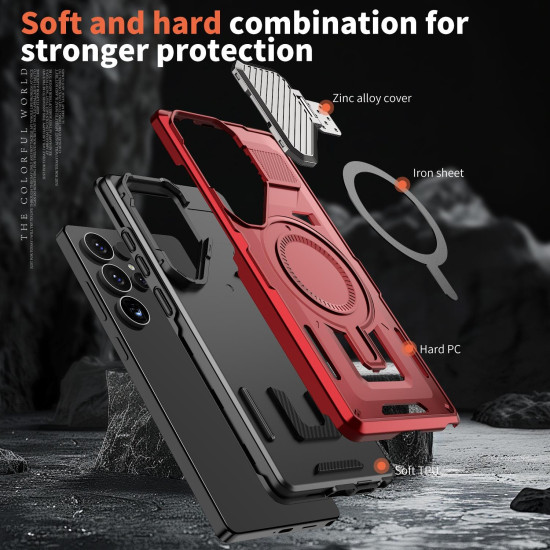 For Samsung Galaxy S24+ 5G Shield Frame Holder MagSafe Phone Case(Red)