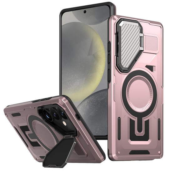 For Samsung Galaxy S24+ 5G Shield Frame Holder MagSafe Phone Case(Rose Gold)