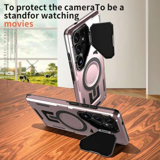 For Samsung Galaxy S24+ 5G Shield Frame Holder MagSafe Phone Case(Rose Gold)