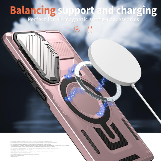 For Samsung Galaxy S24+ 5G Shield Frame Holder MagSafe Phone Case(Rose Gold)
