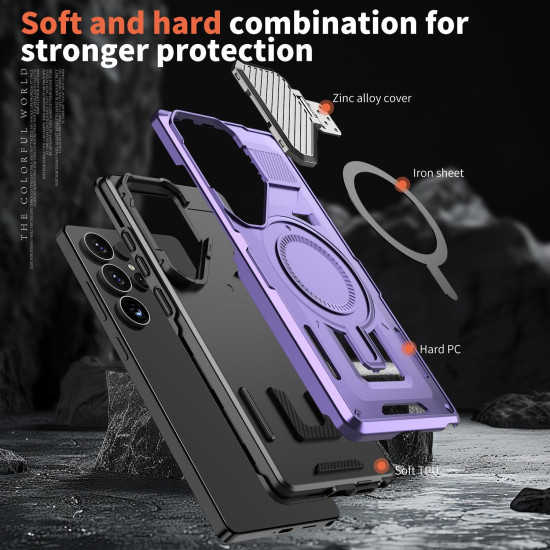 For Samsung Galaxy S24+ 5G Shield Frame Holder MagSafe Phone Case(Purple)