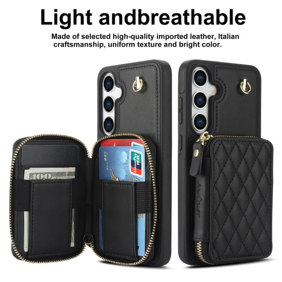 For Samsung Galaxy S24+ / S25+ 5G AwQuer Crossbody Zipper Wallet Rhombic Leather Back Phone Case(Black)
