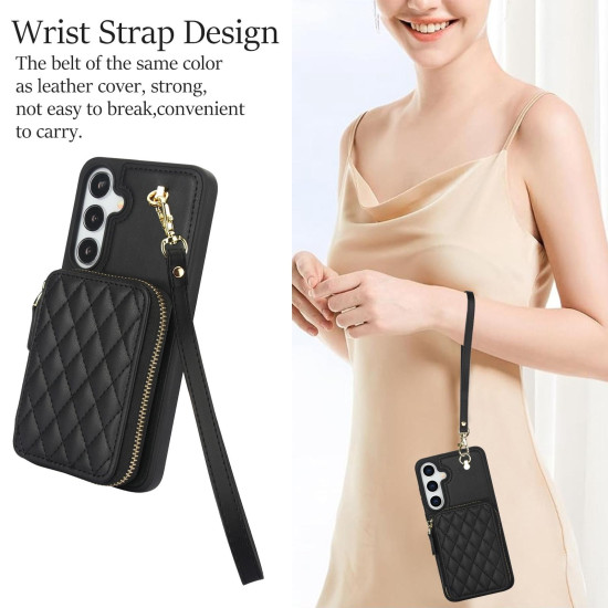For Samsung Galaxy S24+ / S25+ 5G AwQuer Crossbody Zipper Wallet Rhombic Leather Back Phone Case(Black)