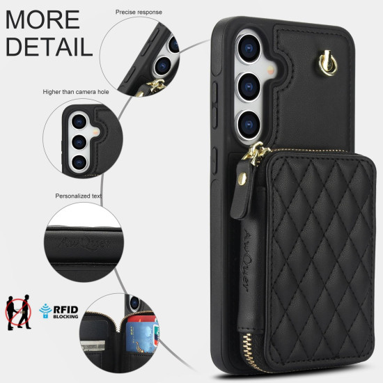 For Samsung Galaxy S24+ / S25+ 5G AwQuer Crossbody Zipper Wallet Rhombic Leather Back Phone Case(Black)