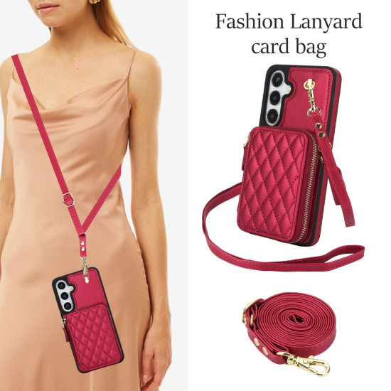 For Samsung Galaxy S24+ / S25+ 5G AwQuer Crossbody Zipper Wallet Rhombic Leather Back Phone Case(Red)